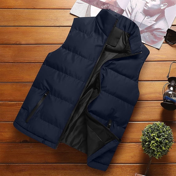 BLTIBY Mens Puffer Vest Jacket Fall Winter Solid Color Padded Vests Lightweight Stand Collar Sleeveless Coat Outerwear with Pockets Blue L