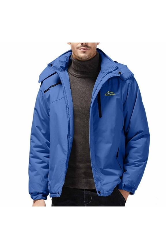 Mens Punching Jacket Hooded with Detachable Winter Fall Solid Color Waterproof Fleece Zip Up Warm Coat Windbreaker Outwear with Pockets 2024 Blue L