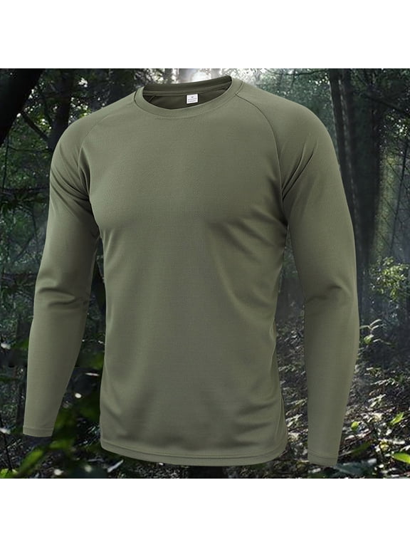 Mens Quick Dry Long Sleeve Shirts Solid Color Round Neck Spring Summer Moisture Wicking Sun Protection Performance T-Shirt Casual Workout 2025 Army Green XL
