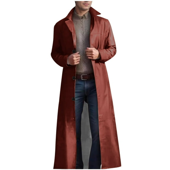 BLTIBY Mens Retro Faux Leather Trench Coat Long Steampunk Lapel Button Down Overcoat Vintage Open Front Jacket Brown 3XL