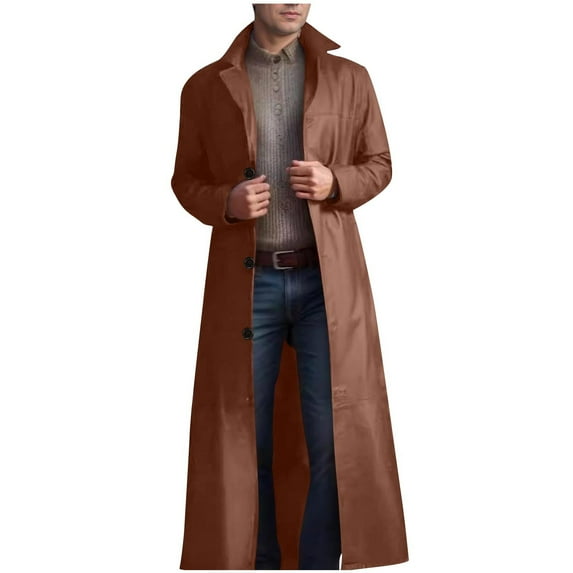 BLTIBY Mens Retro Faux Leather Trench Coat Long Steampunk Lapel Button Down Overcoat Vintage Open Front Jacket Khaki 4XL