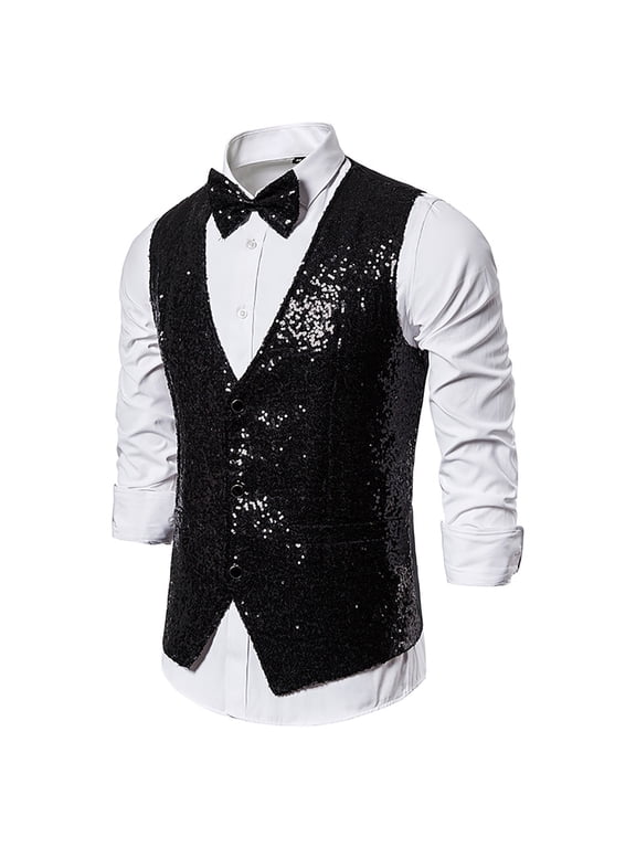 Mens Sequins Vest Jacket Fall Winter Solid Color Slim Fit Christmas Party Vest Shiny Dress Waistcoat for Wedding 80s 90s Prom Events Black M
