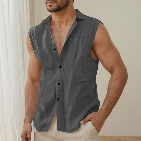 BLTIBY Mens Sleeveless Button Down Shirts Summer Solid Color Lapel Beach Tank Fashion Casual T-Shirt Tops with Pockets Gray XXL