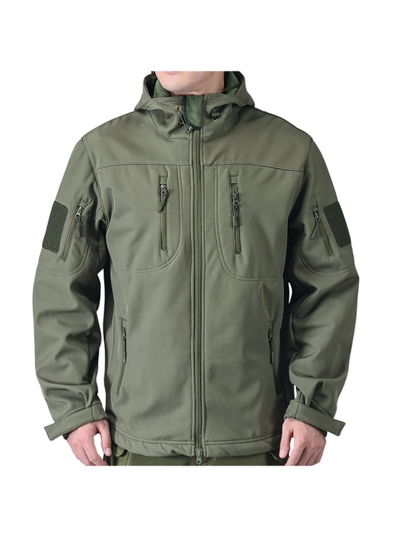 Mens Softshell Rain Jacket Waterproof Windbreaker Outdoor Military Hiking Hunting Coat with Pockets Hooded Windproof Warm Zip Up Green L