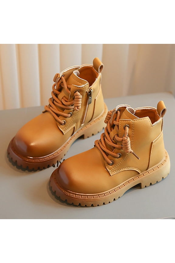Boys Girls Combat Ankle Boots Kids Work Side Zipper Booties Lace-up Fall Winter Boots Non Slip Hiking Outdoor Waterproof Shoes for Toddler/Little Kid/Big Kid Yellow 7.5-8 Years