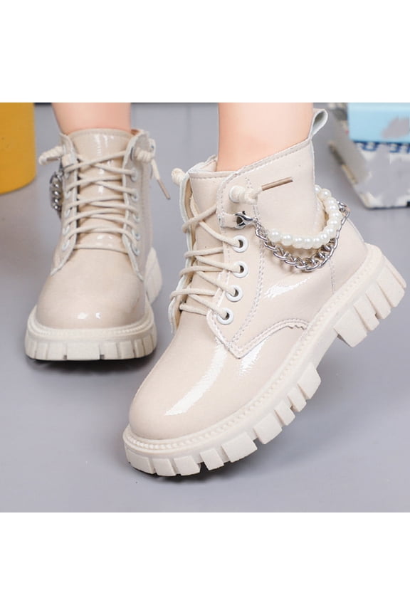 Girls Ankle Boot Side Zipper Lace up Work Boots Cowboy Cowgirl Combat Boots Punk Goth Pearl Metal Decoration Non-Slip Short Booties Beige 7.5-8 Years