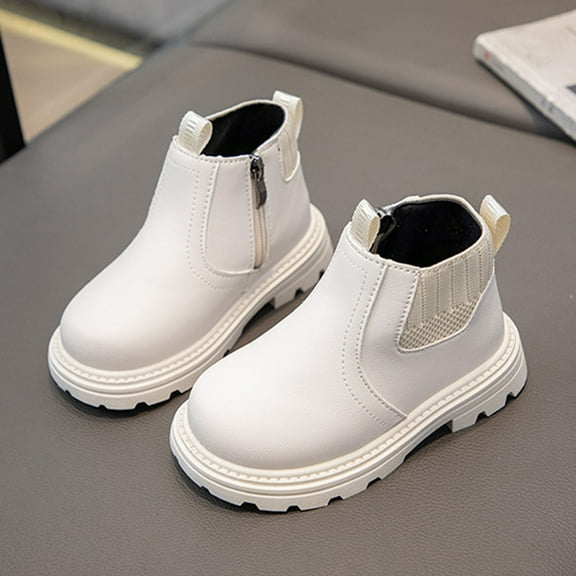 BLTIBY Girls Ankle Boot Plush Lined/Fall Chelsea Boots Fashion Side Zipper Boots Waterproof Combat Shoes for Toddler/Little Kid White 2.5-3Years
