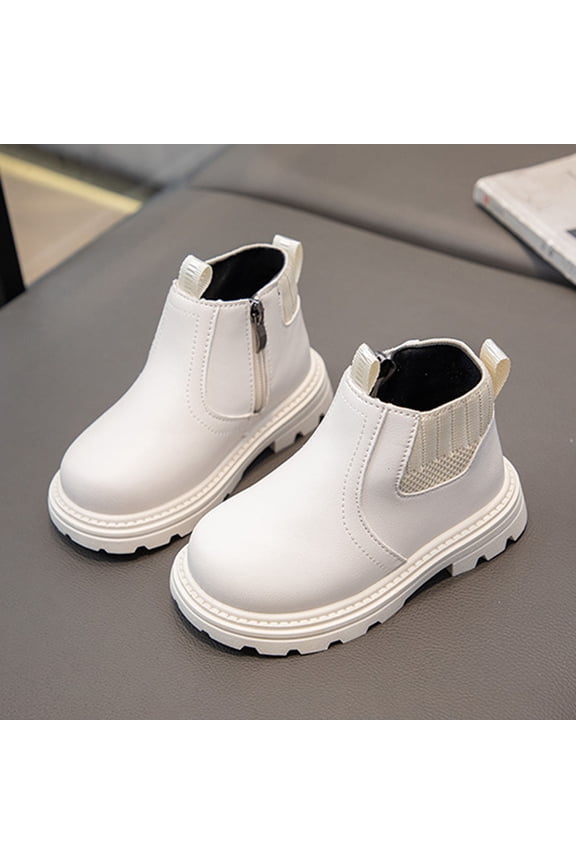 Girls Ankle Boot Plush Lined/Fall Chelsea Boots Fashion Side Zipper Boots Waterproof Combat Shoes for Toddler/Little Kid White 7.5-8Years