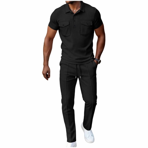 BLTIBY Mens Summer 2 Piece Outfits Waffle Short Sleeve Henley Shirts and Drawstring Pants Casual Loose Loungewear with Multi Pockets Black S