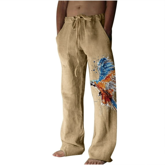 BLTIBY Mens Summer Autumn Casual Beach Trousers Cotton Linen Pants Elastic Waist Loose Wide Leg Natural Yoga Trousers with Pockets Lightweight Comfortable Sweatpants Beige 2 2XL