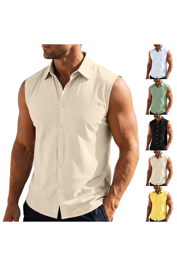 Mens Summer Cotton Linen Tank Tops Lightweight Button Up Lapel Athletic Sleeveless Shirts Summer Beach Hawaiian Wear Beige L