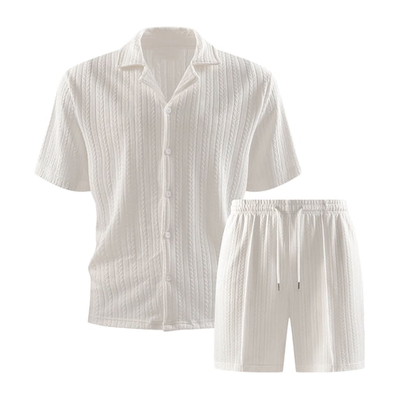 BLTIBY Mens Summer Outfits 2 Piece Set Casual Short Sleeve Button Down Shirts Loose Drawstring Shorts Mesh Vacation Loungwear Beige L