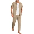 thumbnail image 1 of BLTIBY Mens Summer Set 2 Piece Beach Outfits Short Sleeve Button Down and Drawstring Pants Matching Vacation Sets with Pockets Khaki S, 1 of 6