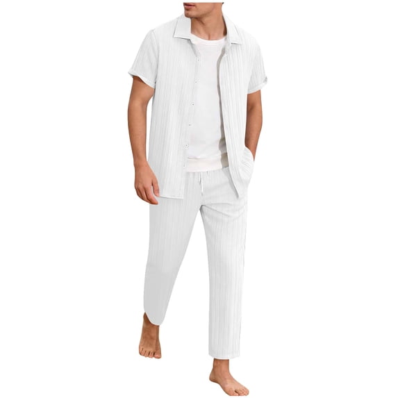 BLTIBY Mens Summer Set 2 Piece Beach Outfits Short Sleeve Button Down and Drawstring Pants Matching Vacation Sets with Pockets White S