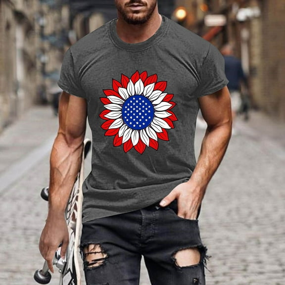 BLTIBY Mens T-Shirt Summer Independence Day Printed Short Sleeve Round Neck Beach Blouse Lightweight Fashion Casual Pullover Tops Dark Gray 3 3XL