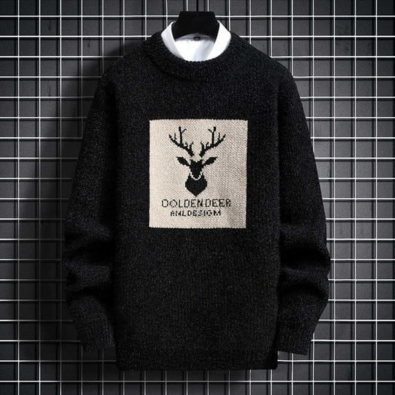 BLTIBY Mens Ugly Christmas Sweater Top Long Sleeve Reindeer Soft Knitted Pullover Sweaters Fashion Comfort Warm Blouse Black XL