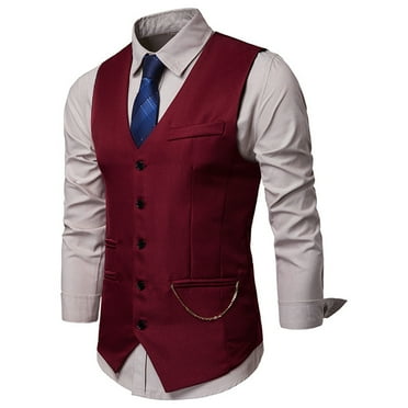 BLTIBY Mens Vest Jacket Fall Winter Solid Color Single Breasted Button Slim Fit Vests Dress Waistcoat with Pockets Wine M