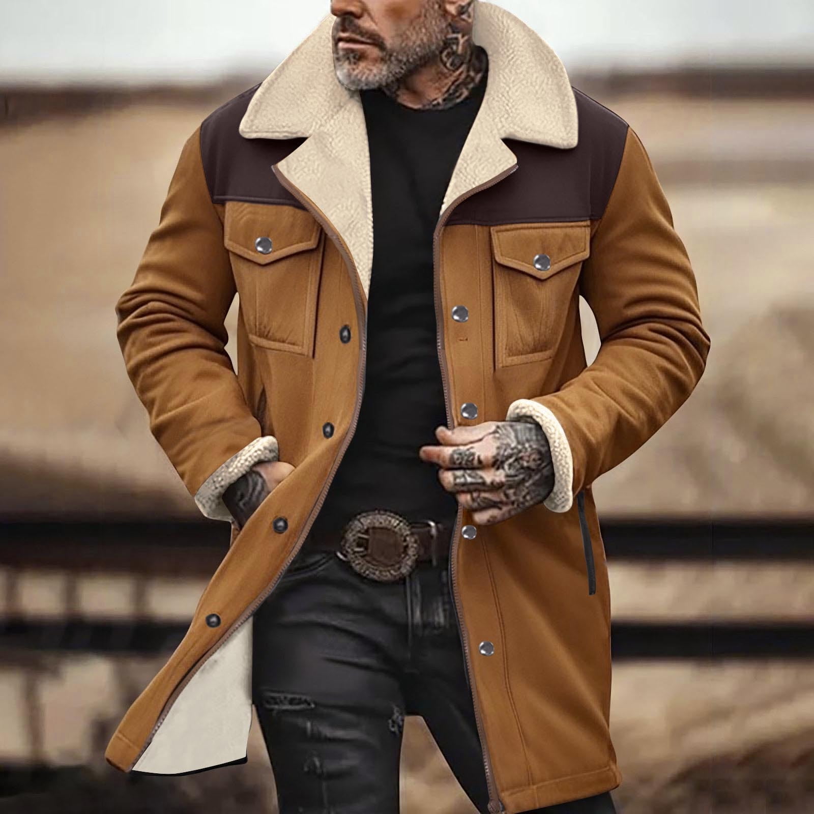BLTIBY Mens Vintage Suede Jacket Plush Collar 2024 Faux Leather Jackets Men Zip Up Motorcycle Coat Coats Retro Tops Khaki L