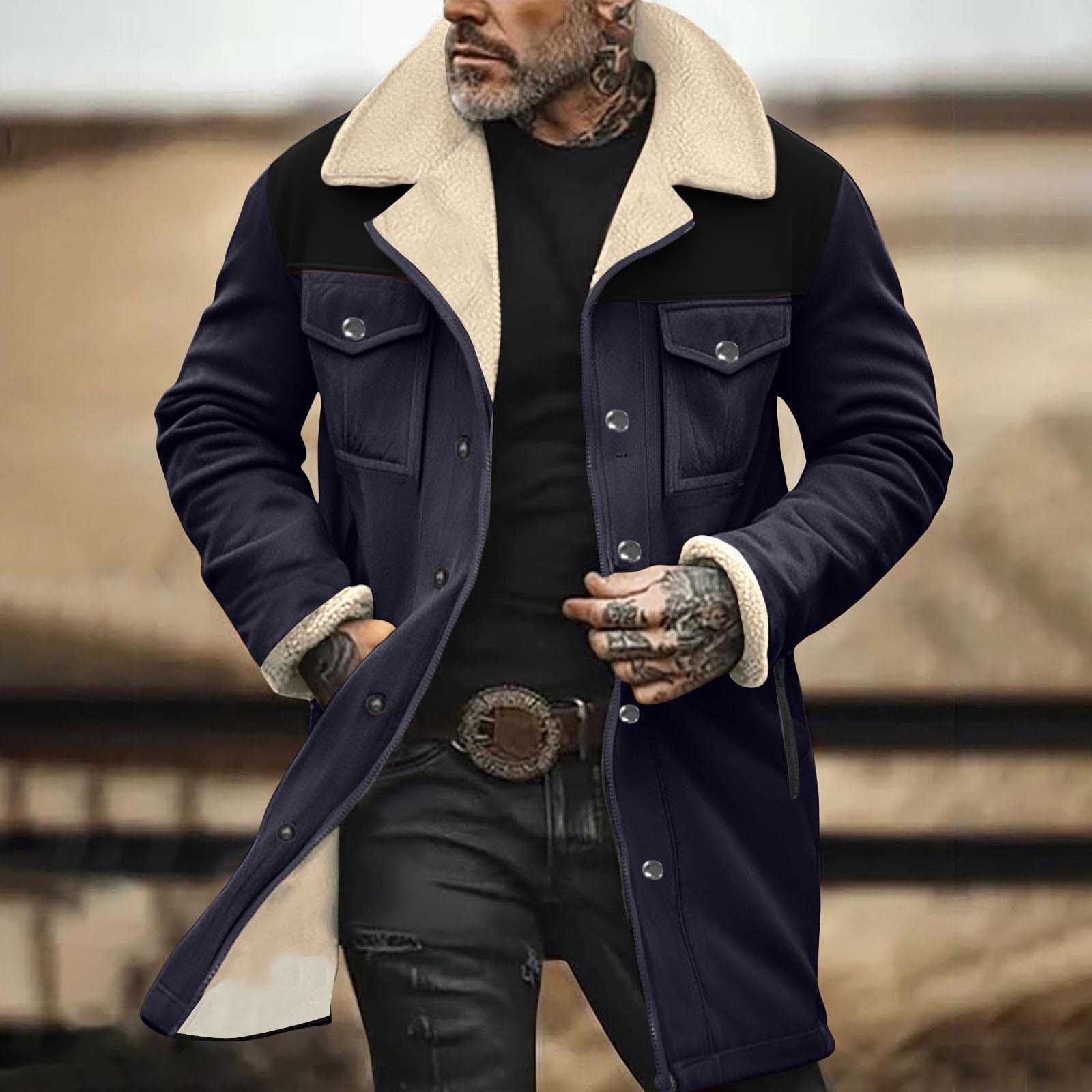 BLTIBY Mens Vintage Suede Jacket Plush Collar 2024 Faux Leather Jackets Men Zip Up Motorcycle Coat Coats Retro Tops Navy XL