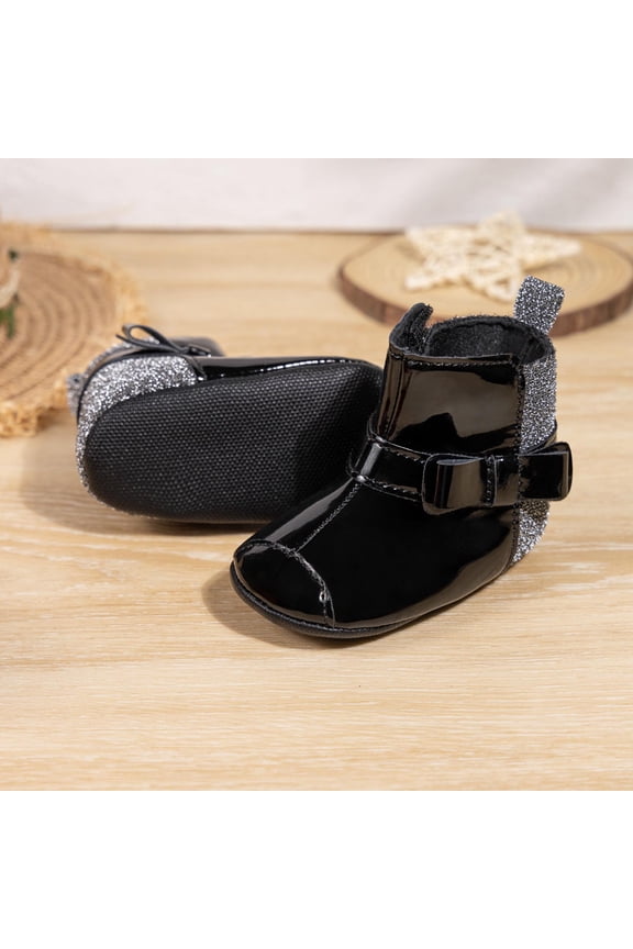 Patent Leather Boots for Baby Boys Girls Fall Winter Sparkle Kindergarten Stage Performance Dance Shoes with Bow and Velcro Fasteners Party Prom Booties Baby Walking Shoes Black 6-12 Months