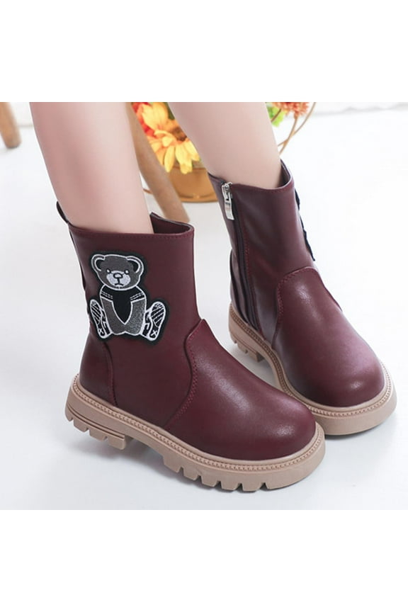 Kids Boots with Low Heel Mid Calf Western Bear Printed Boot Side Zipper Fashion Riding Booties Fall Winter Dress Shoes for Toddler/Little Kid/Big Kid Wine 9-9.5 Years