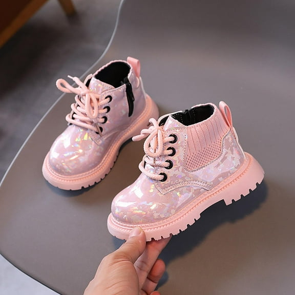 BLTIBY Girls Ankle Boot Side Zipper Combat Lace Up Boots Non Slip Printed Comfort Short Boots for Toddler Little Kid Big Kid Pink 2-2.5 Years