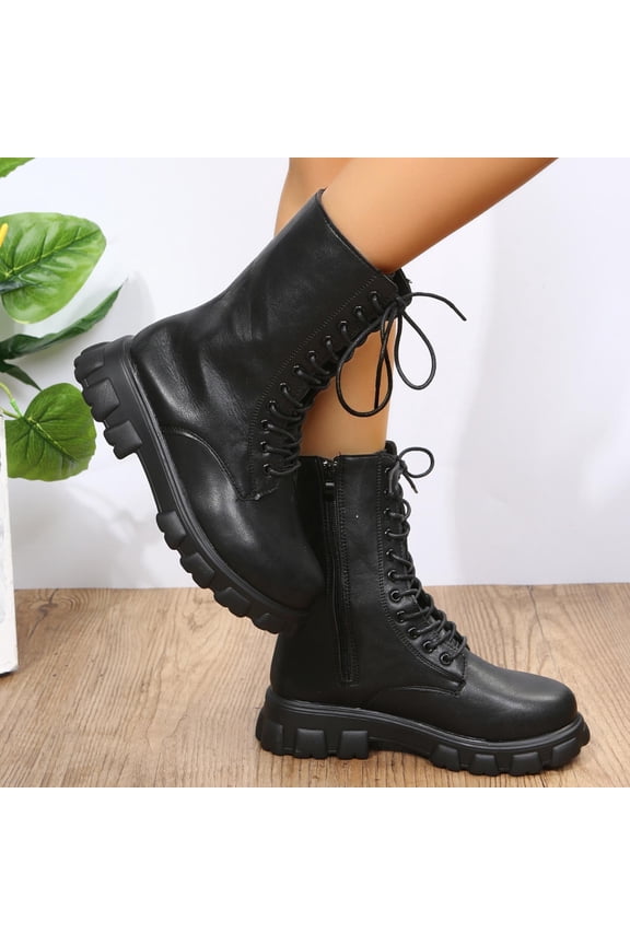 Mid Calf Boots for Women Chunk Heel Lace Up Waterproof Boot Fall Winter Fashion Comfy Booties Side Zip Black 41