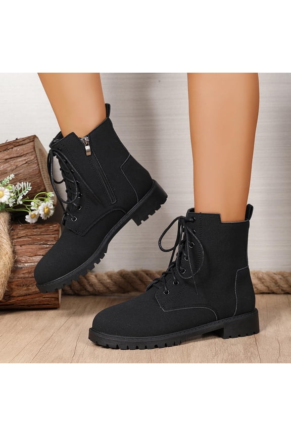 Mid Calf Boots for Women Chunk Heel Lace Up Waterproof Boot Winter Fall Fashion Booties Side Zip Black 39