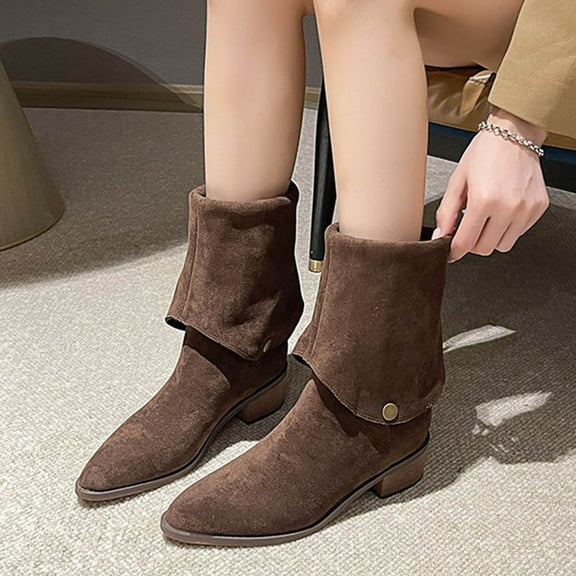 BLTIBY Mid Calf Boots for Women Suede Wide Width Cowboy Pointed-toe Boots Adjustable Fold over Style Shoes Winter Chunky Block Heel Booties Brown 39