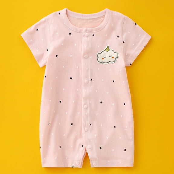 BLTIBY Newborn Baby Boys Girls Romper Summer Printed Short Sleeve Round Neck Toddler Button Down Rompers Cute Infant One-Piece Fashion Bodysuit Pink 12-18 Months