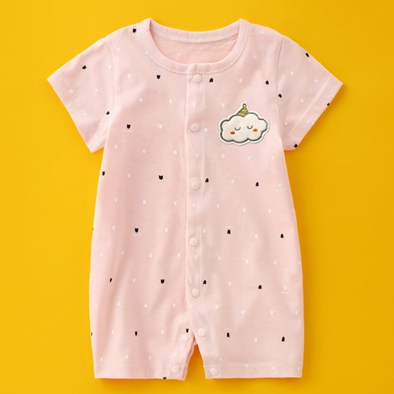 BLTIBY Newborn Baby Boys Girls Romper Summer Printed Short Sleeve Round Neck Toddler Button Down Rompers Cute Infant One-Piece Fashion Bodysuit Pink 18-24 Months