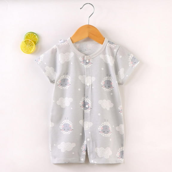 BLTIBY Newborn Baby Boys Girls Romper Summer Printed Short Sleeve Round Neck Toddler Button Down Rompers Infant Cute One-Piece Fashion Bodysuit Gray 8-10months