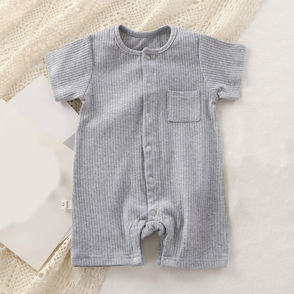 BLTIBY Newborn Baby Boys Girls Romper Summer Solid Color Short Sleeve Round Neck Toddler Infant Button Down Rompers One-Piece Fashion Bodysuit Gray 3-6 Months