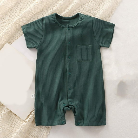 BLTIBY Newborn Baby Boys Girls Romper Summer Solid Color Short Sleeve Round Neck Toddler Infant Button Down Rompers One-Piece Fashion Bodysuit Green 1-2 Years