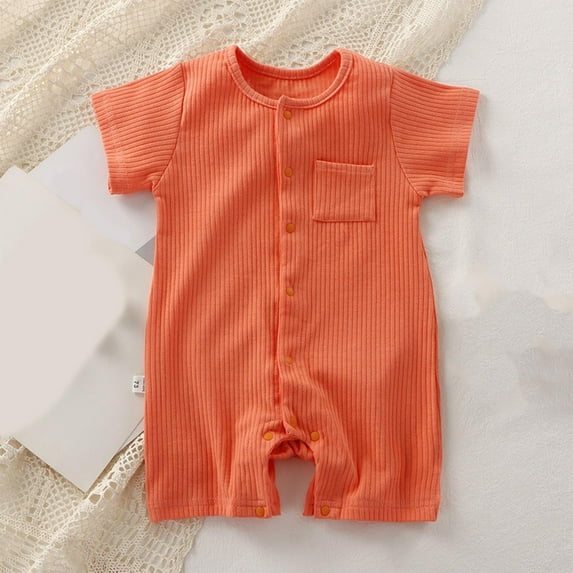 BLTIBY Newborn Baby Boys Girls Romper Summer Solid Color Short Sleeve Round Neck Toddler Infant Button Down Rompers One-Piece Fashion Bodysuit Orange 3-6 Months