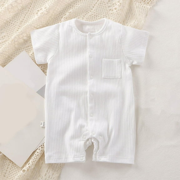 BLTIBY Newborn Baby Boys Girls Romper Summer Solid Color Short Sleeve Round Neck Toddler Infant Button Down Rompers One-Piece Fashion Bodysuit White 3-6 Months