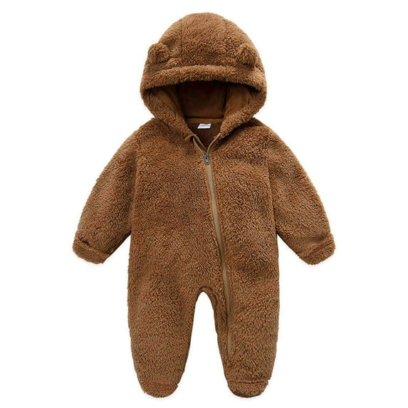 BLTIBY Newborn Baby Fleece Footie Snowsuit Winter Bunting Onesie Warm Hooded Romper Jumpsuit Outfits For Girls Boys Brown 9-12 Months