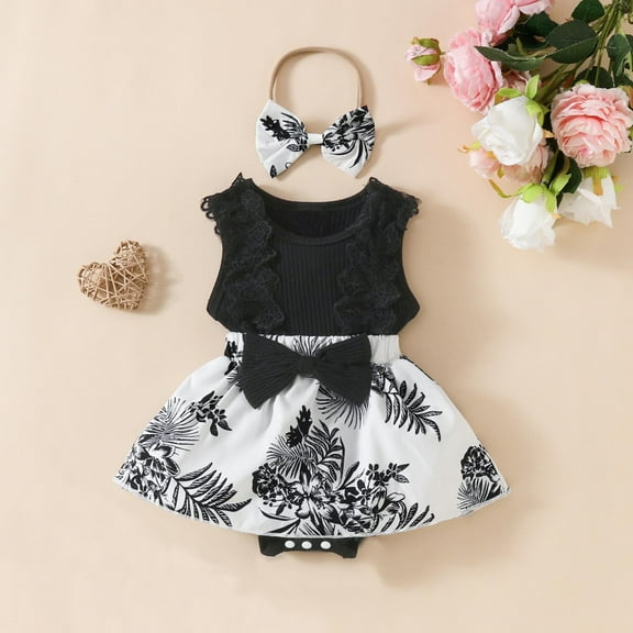 BLTIBY Newborn Baby Girl Summer Romper Sleeveless Round Neck Overalls Outfits Infant Fashion Bodysuit with Hairband 2025 Black 6-9M