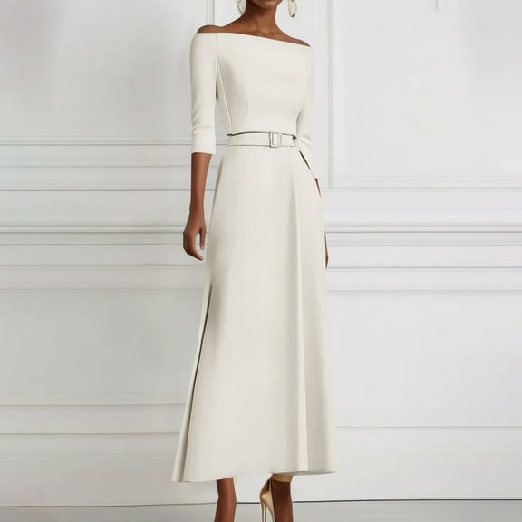 BLTIBY Off Shoulder Maxi Dress for Women Half Sleeve Elegant Slimming Belted Long Dress Wedding Evening Party White XL