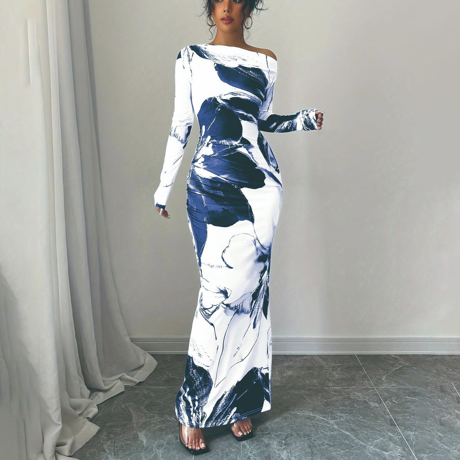 One Shoulder Long Sleeve Dress for Women Floral Bodycon Ruched Night Out Formal Elegant Maxi Fall Wedding Guest Dresses Blue L