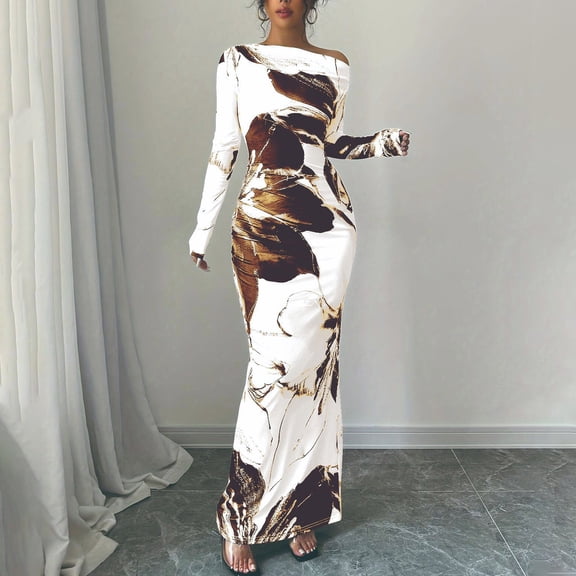 BLTIBY One Shoulder Long Sleeve Dress for Women Floral Bodycon Ruched Night Out Formal Elegant Maxi Fall Wedding Guest Dresses Coffee XL