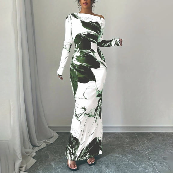 BLTIBY One Shoulder Long Sleeve Dress for Women Floral Bodycon Ruched Night Out Formal Elegant Maxi Fall Wedding Guest Dresses Green S