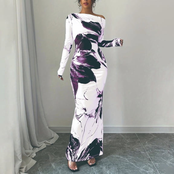 BLTIBY One Shoulder Long Sleeve Dress for Women Floral Bodycon Ruched Night Out Formal Elegant Maxi Fall Wedding Guest Dresses Purple S