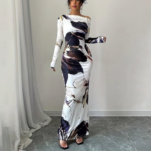 BLTIBY One Shoulder Long Sleeve Dress for Women Floral Bodycon Ruched Night Out Formal Elegant Maxi Fall Wedding Guest Dresses White L