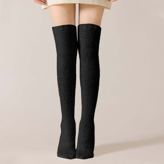 BLTIBY Over-The-Knee Socks for Women Thigh High Cozy Thermal Coral Sock Warm Winter Cotton Knit Stockings Black Free Size