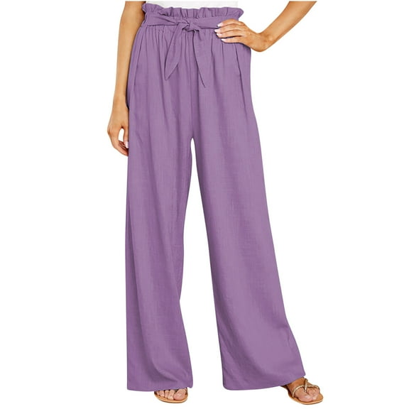 BLTIBY Pants for Women Summer Spring Solid Colour Drawstring Elastic Waist Straight Leg Wide Leg High Waist Trouser with Pockets Fashion Casual Purple XXL