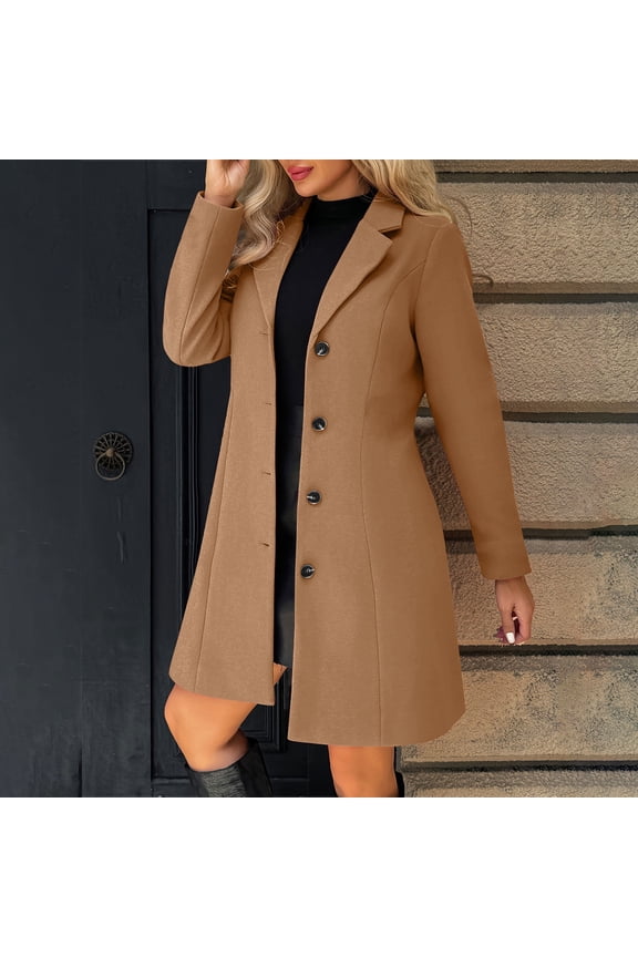 Pea Coats for Women Wool Blend Thicken Lapel Single Breasted Long Trench Coat Fashion A-Line Fall Winter Jackets Coffee 4XL