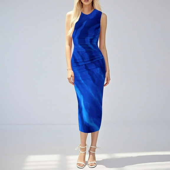 BLTIBY Pleated Mesh Dresses for Women Sleeveless Crew Neck Color Block Flower Maxi Long Dresses Elegant Fashion 2025 Blue M