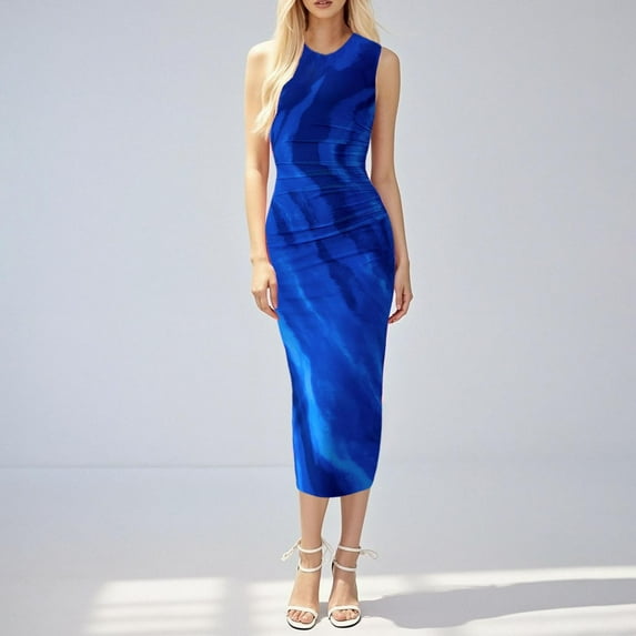 BLTIBY Pleated Mesh Dresses for Women Sleeveless Crew Neck Color Block Flower Maxi Long Dresses Elegant Fashion 2025 Blue S