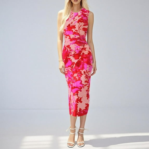 BLTIBY Pleated Mesh Dresses for Women Sleeveless Crew Neck Color Block Flower Maxi Long Dresses Elegant Fashion 2025 Hot Pink S